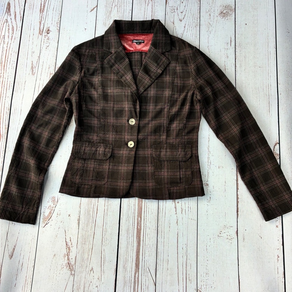 Mandee Womens Brown Plaid Two Button Blazer Jacket Small Pink Accents - Picture 2 of 9